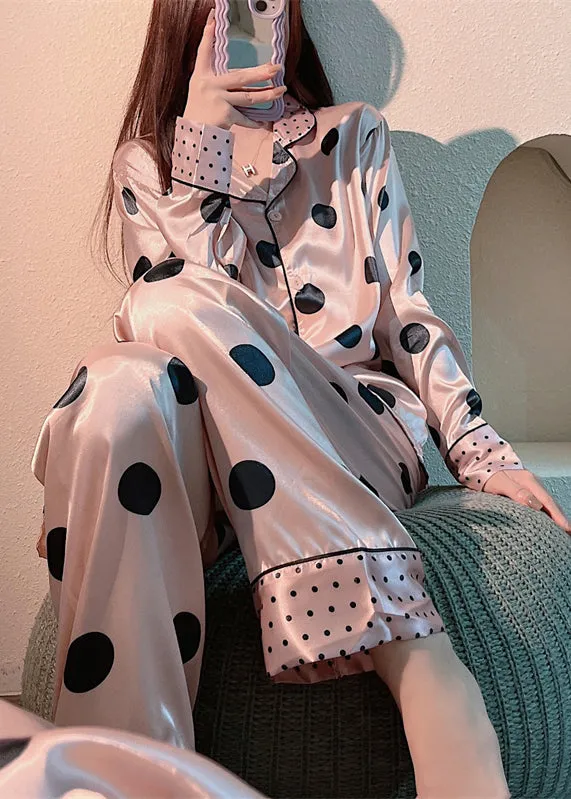 Cute Pink Peter Pan Collar Dot Print Button Ice Silk Pajamas Two Pieces Set Long Sleeve TO1006