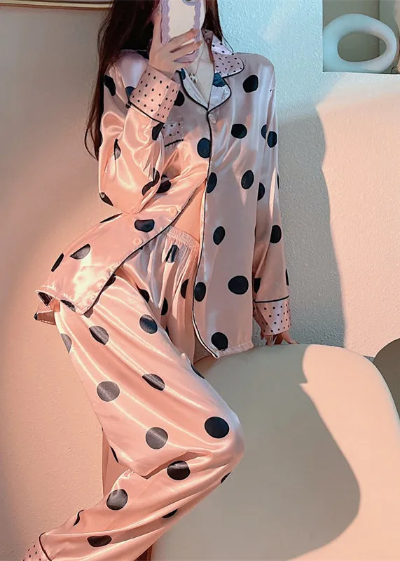 Cute Pink Peter Pan Collar Dot Print Button Ice Silk Pajamas Two Pieces Set Long Sleeve TO1006