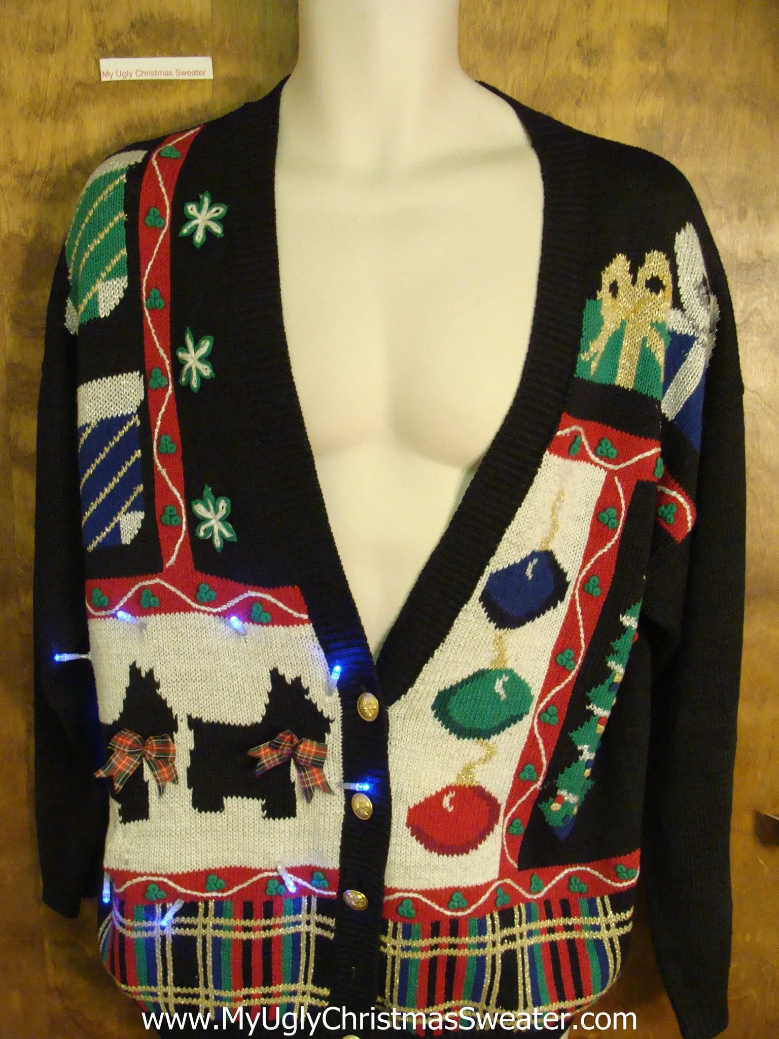Dogs and Plaid Theme 80s Cute Christmas Sweater with Lights