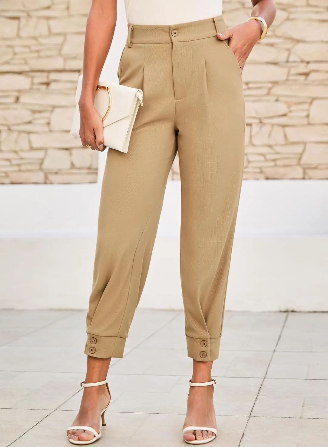 Dokotoo Women's Pants Waffle Classic High Waisted Adjustable Button Hem Business Casual Tapered Pants with Pockets