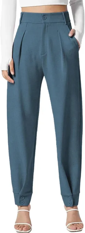 Dokotoo Women's Pants Waffle Classic High Waisted Adjustable Button Hem Business Casual Tapered Pants with Pockets