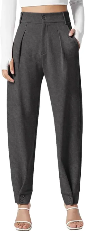 Dokotoo Women's Pants Waffle Classic High Waisted Adjustable Button Hem Business Casual Tapered Pants with Pockets