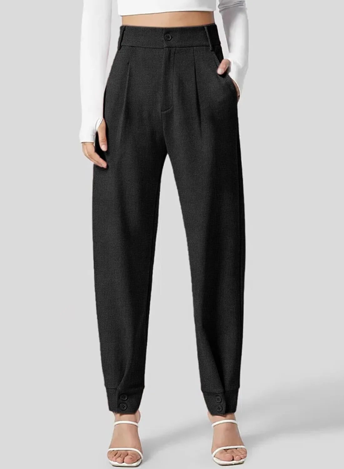 Dokotoo Women's Pants Waffle Classic High Waisted Adjustable Button Hem Business Casual Tapered Pants with Pockets