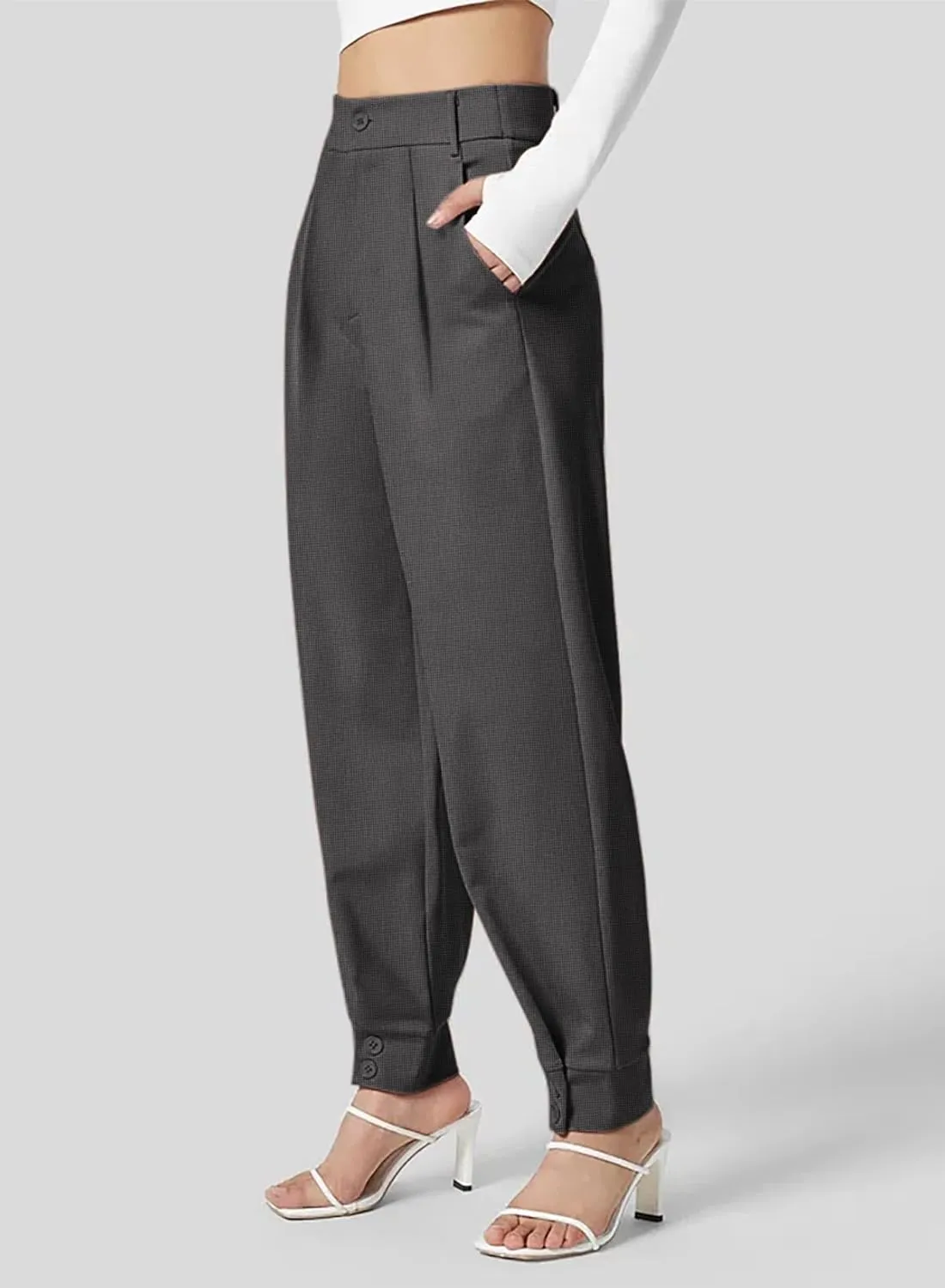 Dokotoo Women's Pants Waffle Classic High Waisted Adjustable Button Hem Business Casual Tapered Pants with Pockets