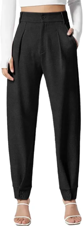 Dokotoo Women's Pants Waffle Classic High Waisted Adjustable Button Hem Business Casual Tapered Pants with Pockets