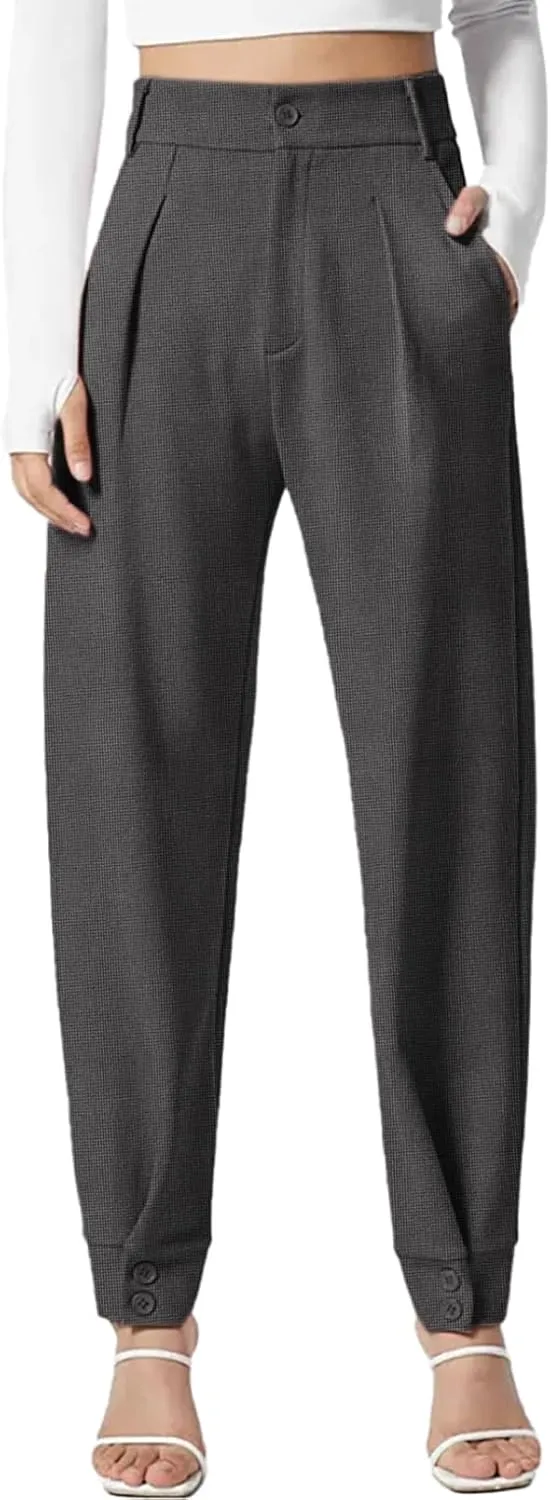 Dokotoo Women's Pants Waffle Classic High Waisted Adjustable Button Hem Business Casual Tapered Pants with Pockets