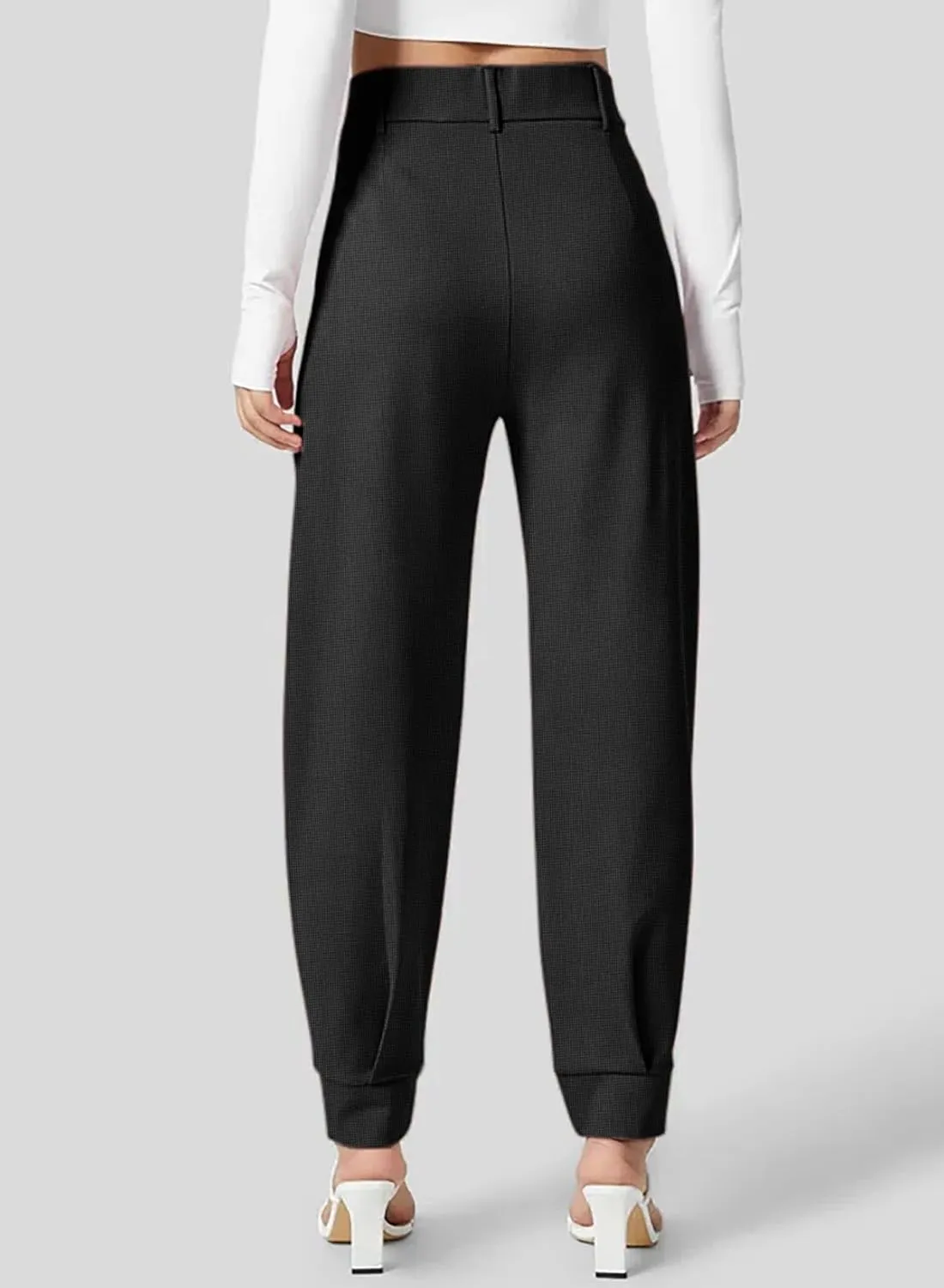 Dokotoo Women's Pants Waffle Classic High Waisted Adjustable Button Hem Business Casual Tapered Pants with Pockets