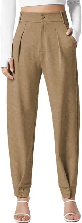 Dokotoo Women's Pants Waffle Classic High Waisted Adjustable Button Hem Business Casual Tapered Pants with Pockets