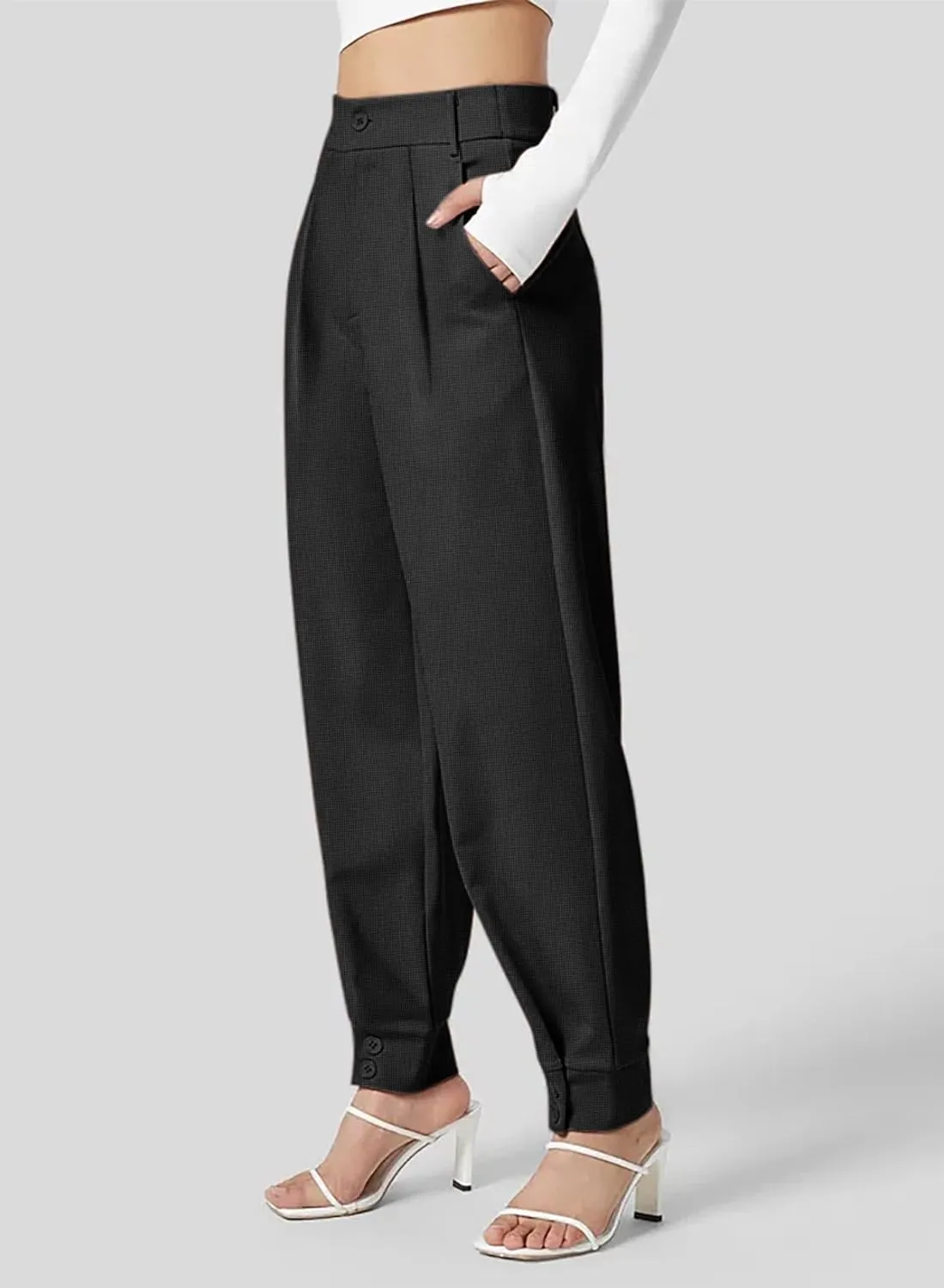 Dokotoo Women's Pants Waffle Classic High Waisted Adjustable Button Hem Business Casual Tapered Pants with Pockets