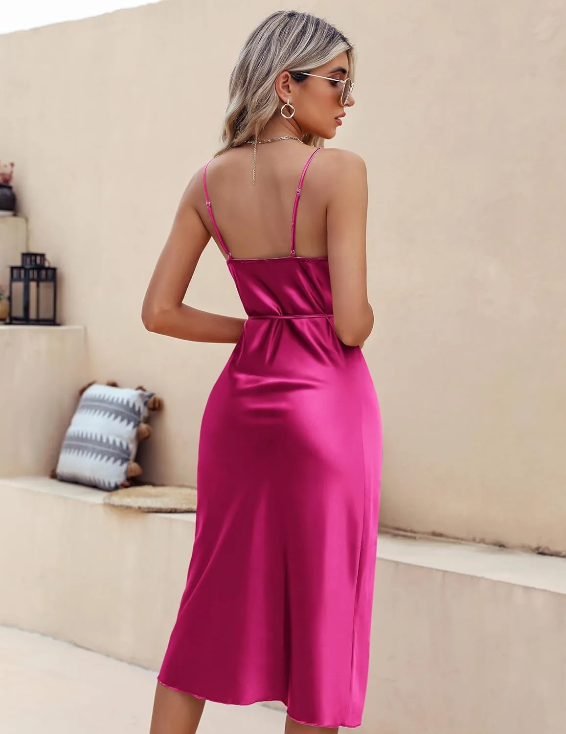 Ekouaer Womens Satin Nightgown Sexy Lingerie Sleepwear Spaghetti Strap Cowl Neck Elegant Long Slip Satin Silk Midi Dress