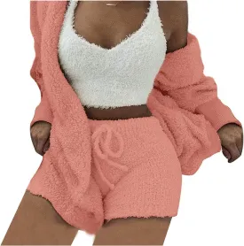 Famnbro Women's Sexy Fuzzy 3 Piece Outfits Fleece Warm Hooded Cardigan Crop Top Shorts Set Pajamas Loungewear