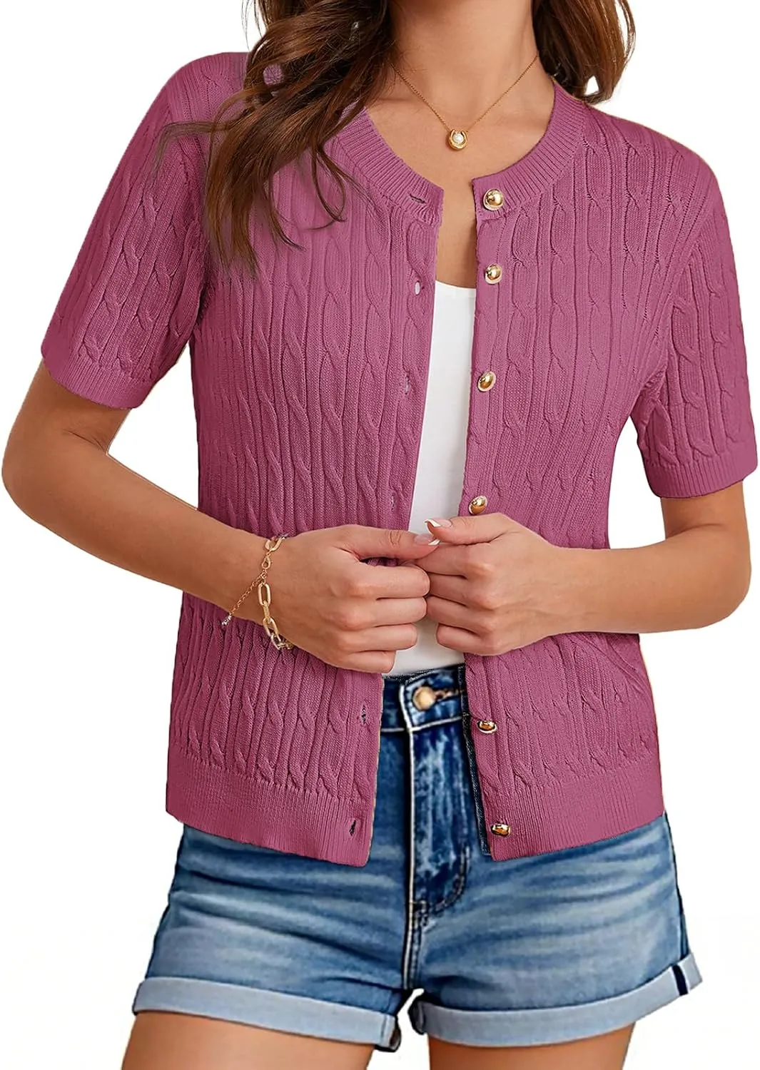 GRACE KARIN Women's Short Sleeve Button Up Summer Cardigan Sweater Y2K Cardigan Jacket (Runs Big, Suggest Size Down)