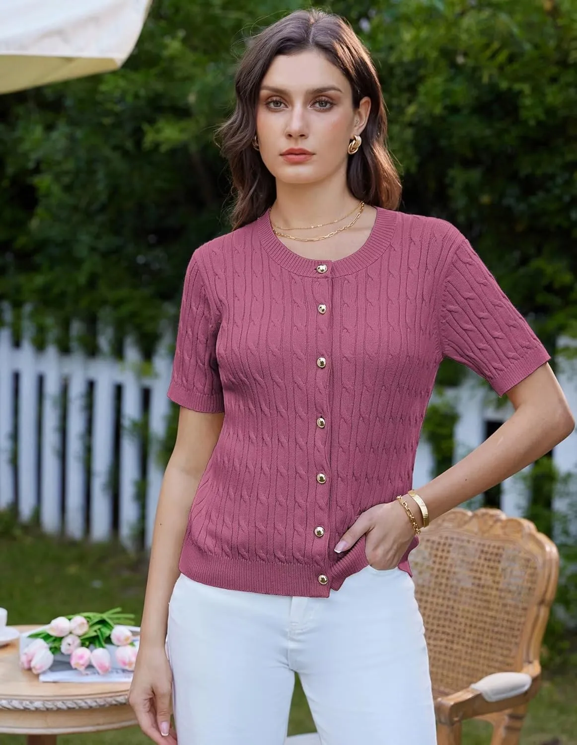 GRACE KARIN Women's Short Sleeve Button Up Summer Cardigan Sweater Y2K Cardigan Jacket (Runs Big, Suggest Size Down)