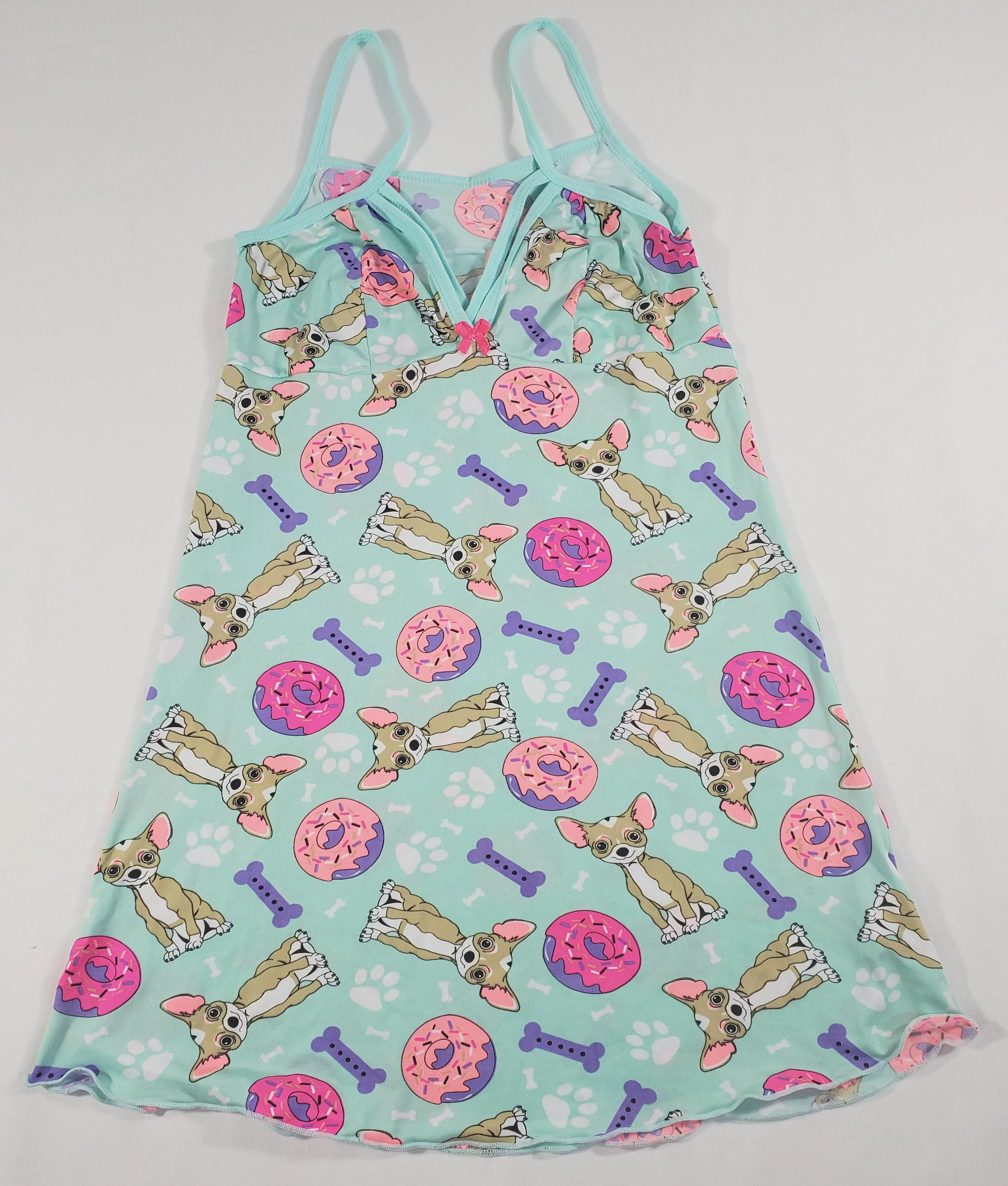 Green-blue Women's nightie Green-blue trim puppies and donuts theme