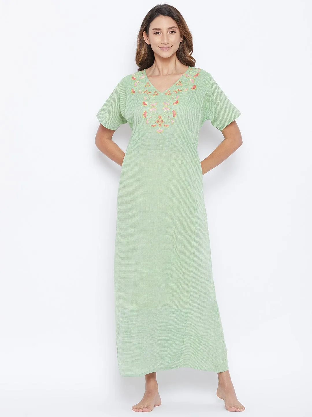 Green Managalgiri Cotton Embroidered Nightdress