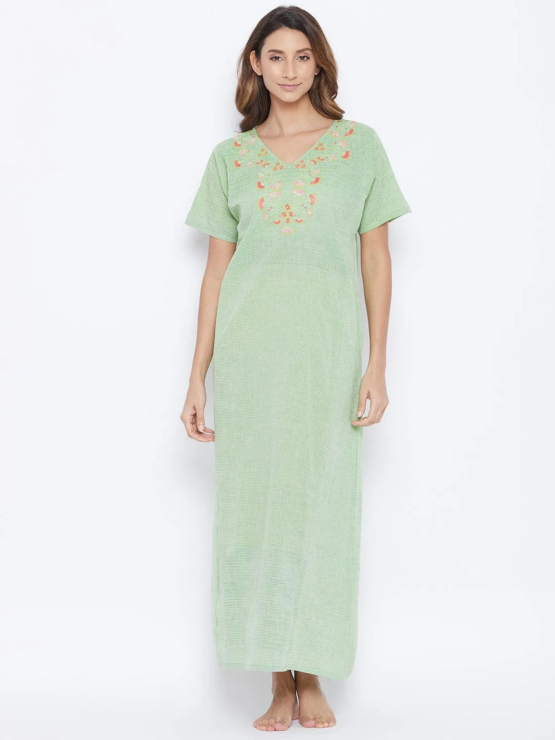 Green Managalgiri Cotton Embroidered Nightdress
