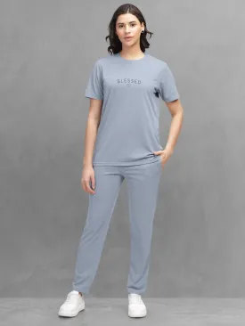 HELLCAT Bluish Grey Trendy Printed / Solid T shirt with Pants Lounge Wear / Coords / Clothing Set for Women