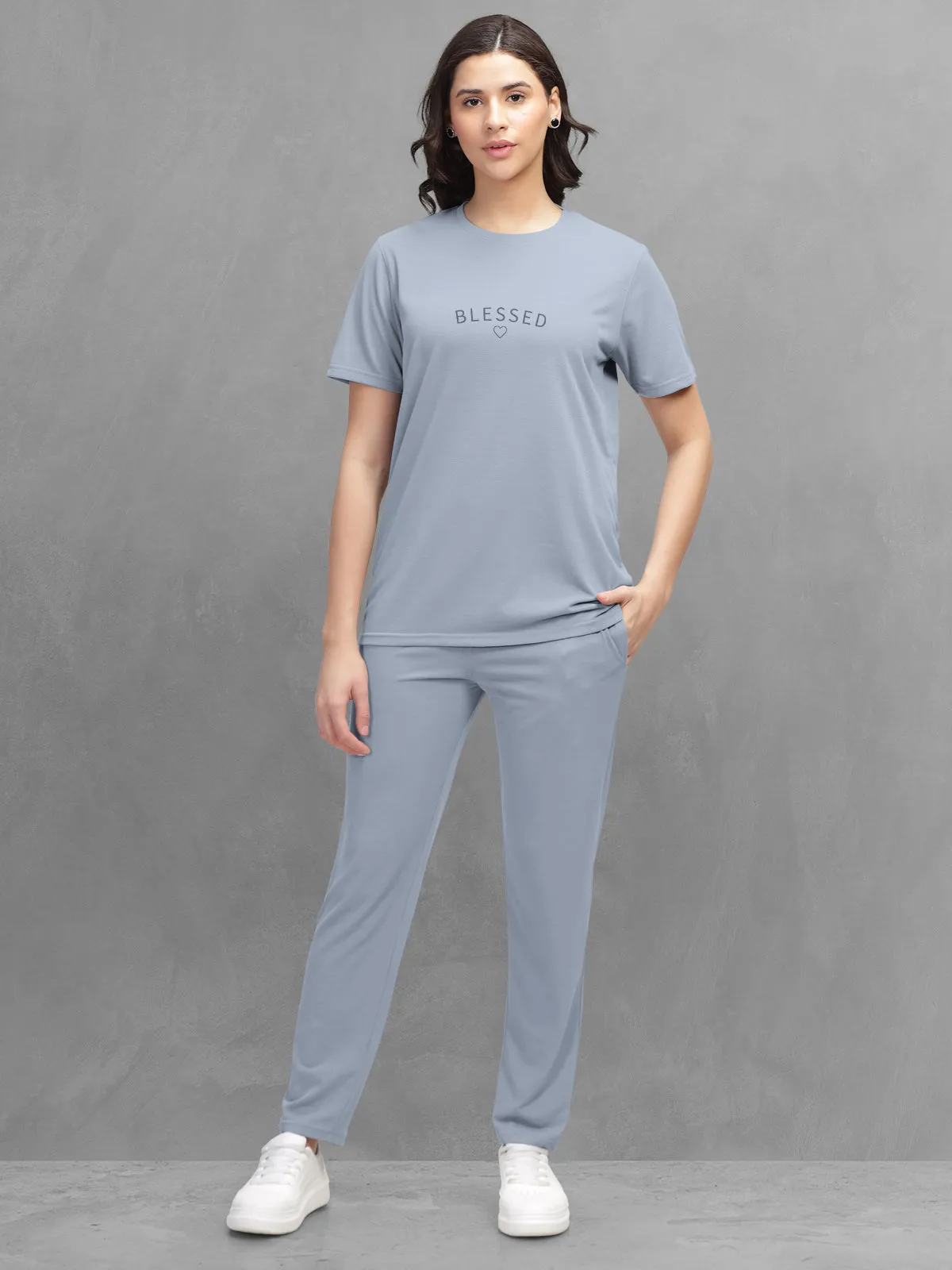 HELLCAT Bluish Grey Trendy Printed / Solid T shirt with Pants Lounge Wear / Coords / Clothing Set for Women