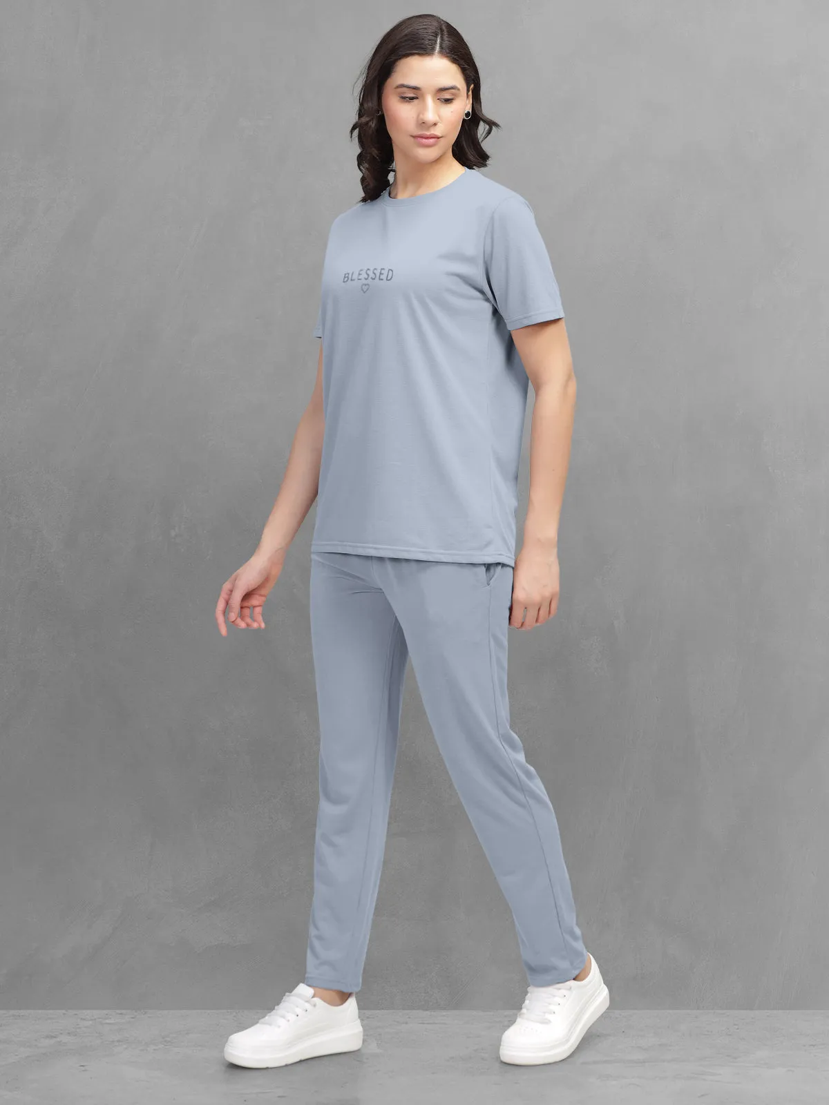 HELLCAT Bluish Grey Trendy Printed / Solid T shirt with Pants Lounge Wear / Coords / Clothing Set for Women