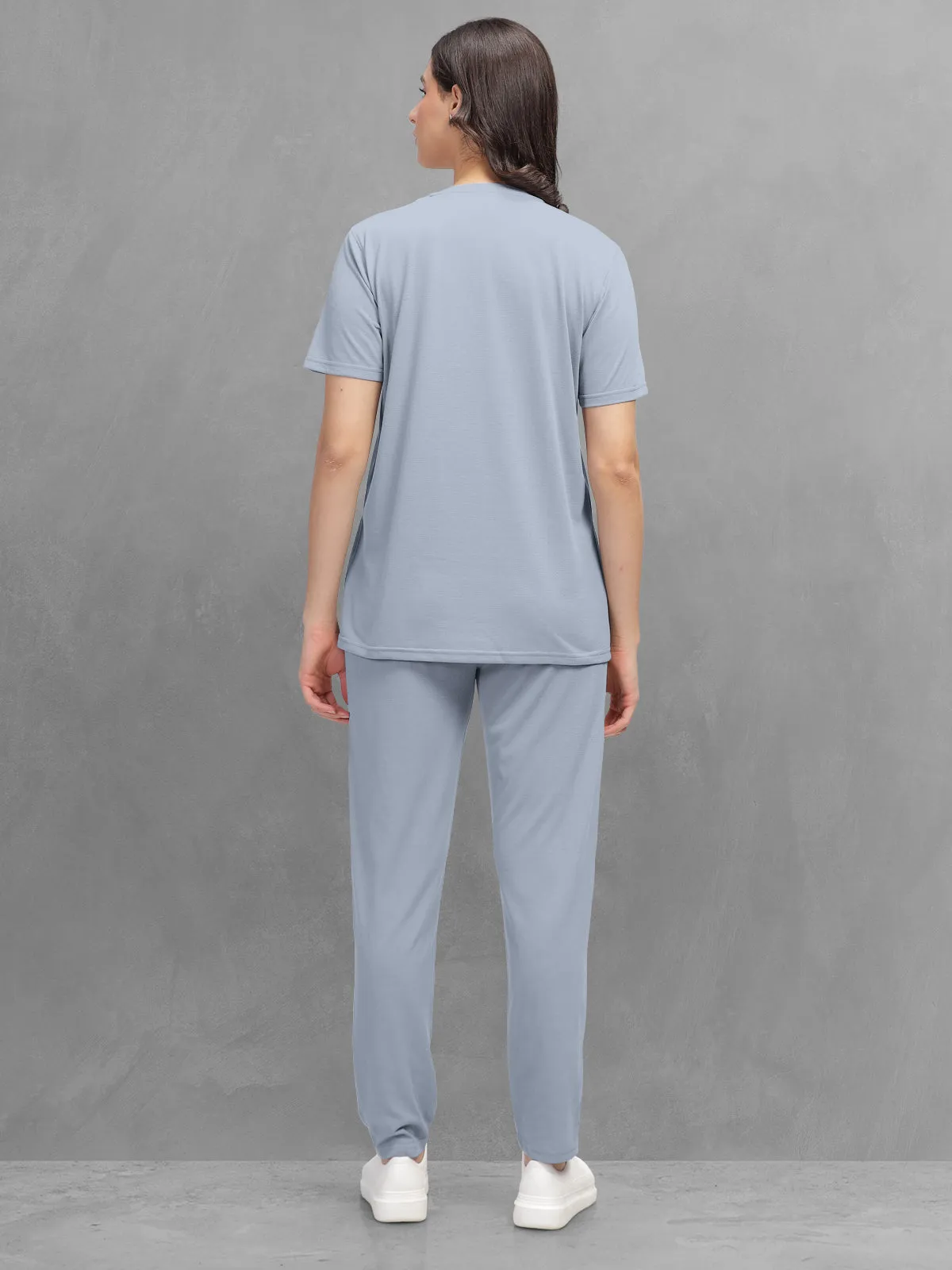 HELLCAT Bluish Grey Trendy Printed / Solid T shirt with Pants Lounge Wear / Coords / Clothing Set for Women