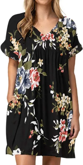 Jayscreate Women's Baby Doll Dress Summer Casual Tunic Pleated Flowy Swing Short Sleeve Black V Neck Mini Dress