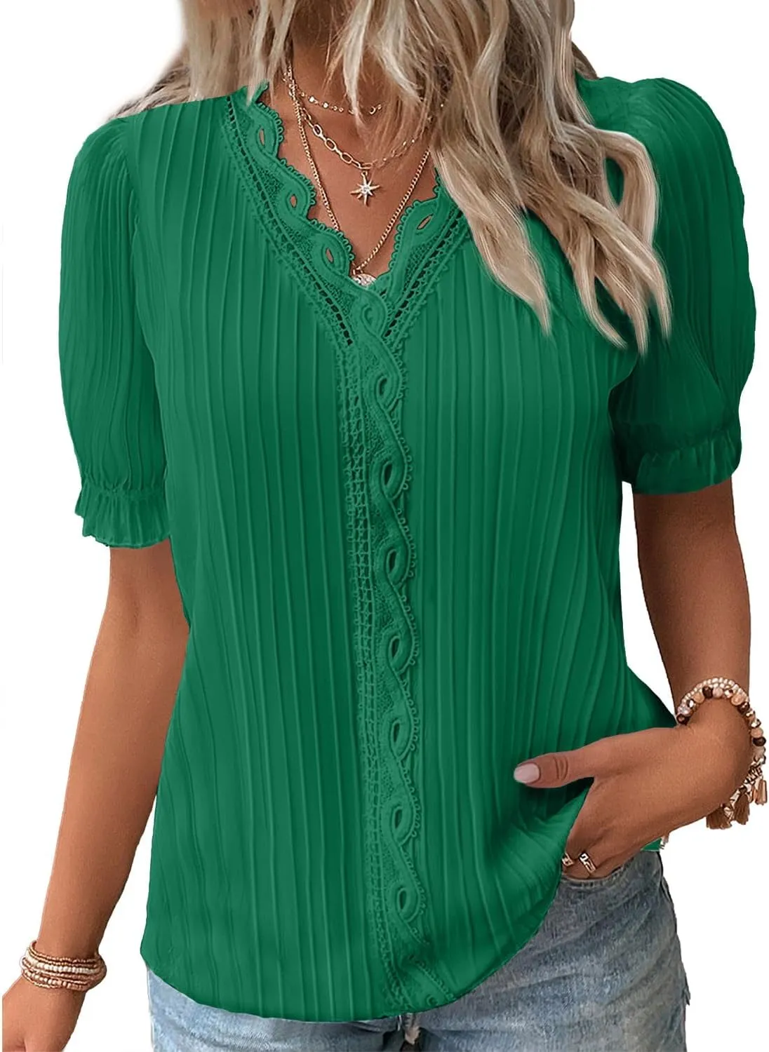 JUSTFASHIONNOW Women's Elegant Lace V Neck Short Sleeve Solid Tops Shirt Blouse