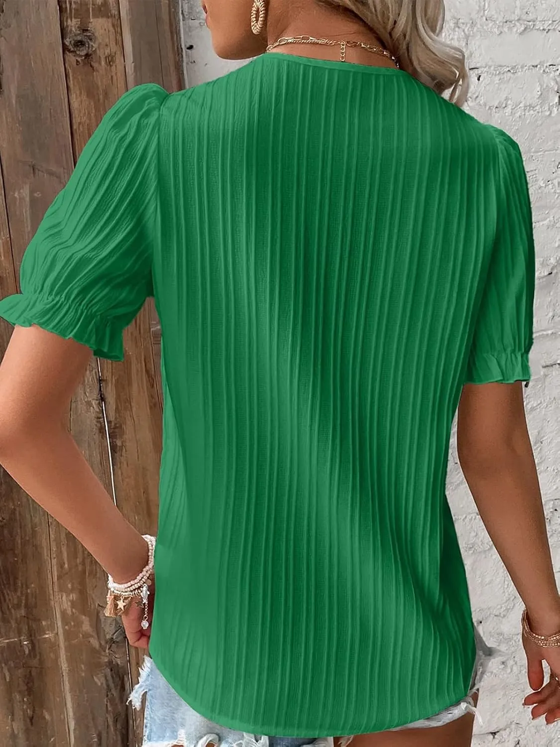 JUSTFASHIONNOW Women's Elegant Lace V Neck Short Sleeve Solid Tops Shirt Blouse