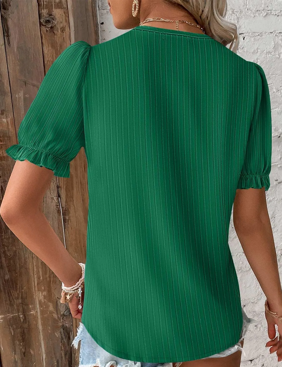 JUSTFASHIONNOW Women's Elegant Lace V Neck Short Sleeve Solid Tops Shirt Blouse