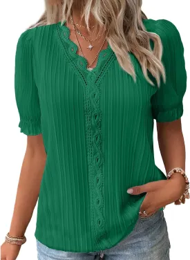 JUSTFASHIONNOW Women's Elegant Lace V Neck Short Sleeve Solid Tops Shirt Blouse