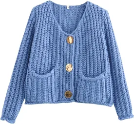 Kissonic Womens Cropped Cardigan Sweater Button Down Long Sleeve Chunky Soft Knit Sweater Open Front Loose Casual Coat