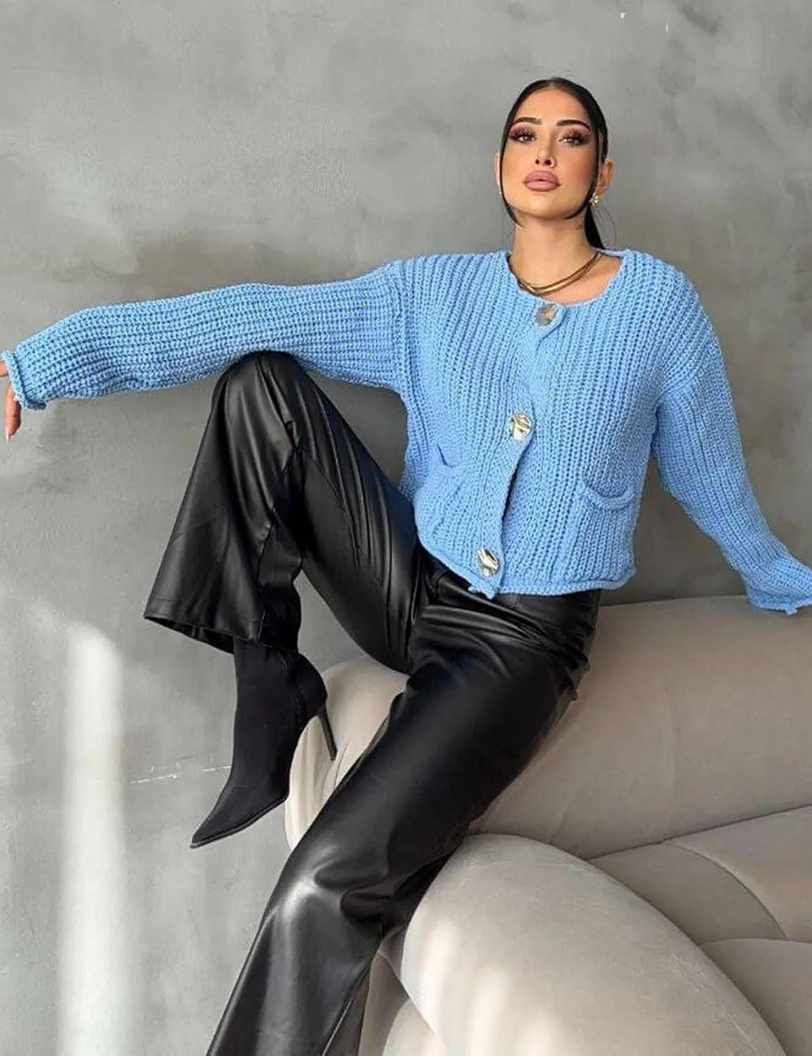 Kissonic Womens Cropped Cardigan Sweater Button Down Long Sleeve Chunky Soft Knit Sweater Open Front Loose Casual Coat