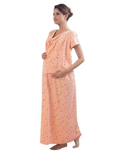 Kriti Short Sleeves Printed Nursing Maternity Nighty - Peach