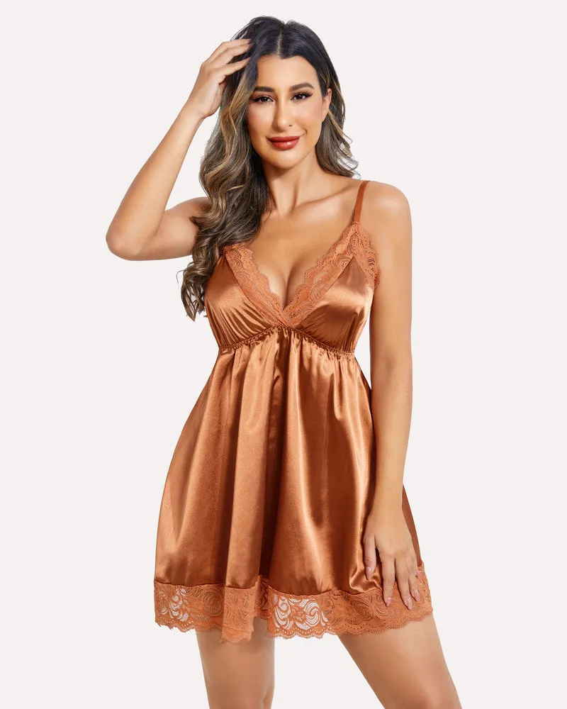 Lace Satin Leopard Slips Nightie Dress