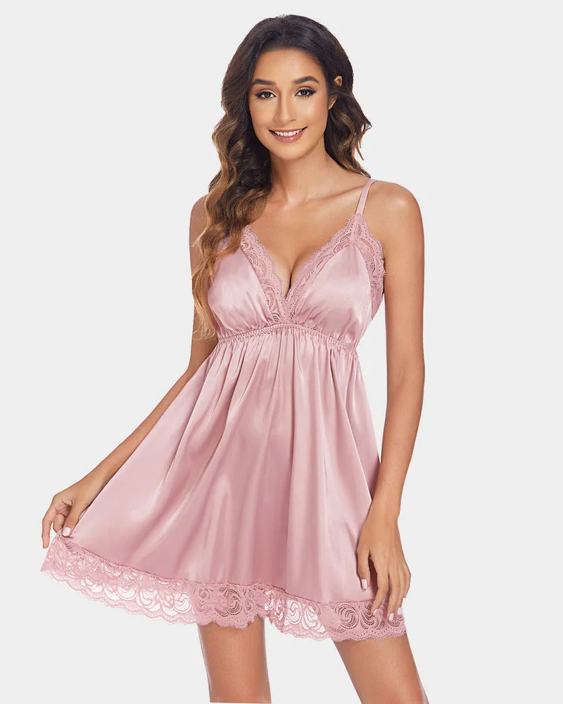 Lace Satin Leopard Slips Nightie Dress