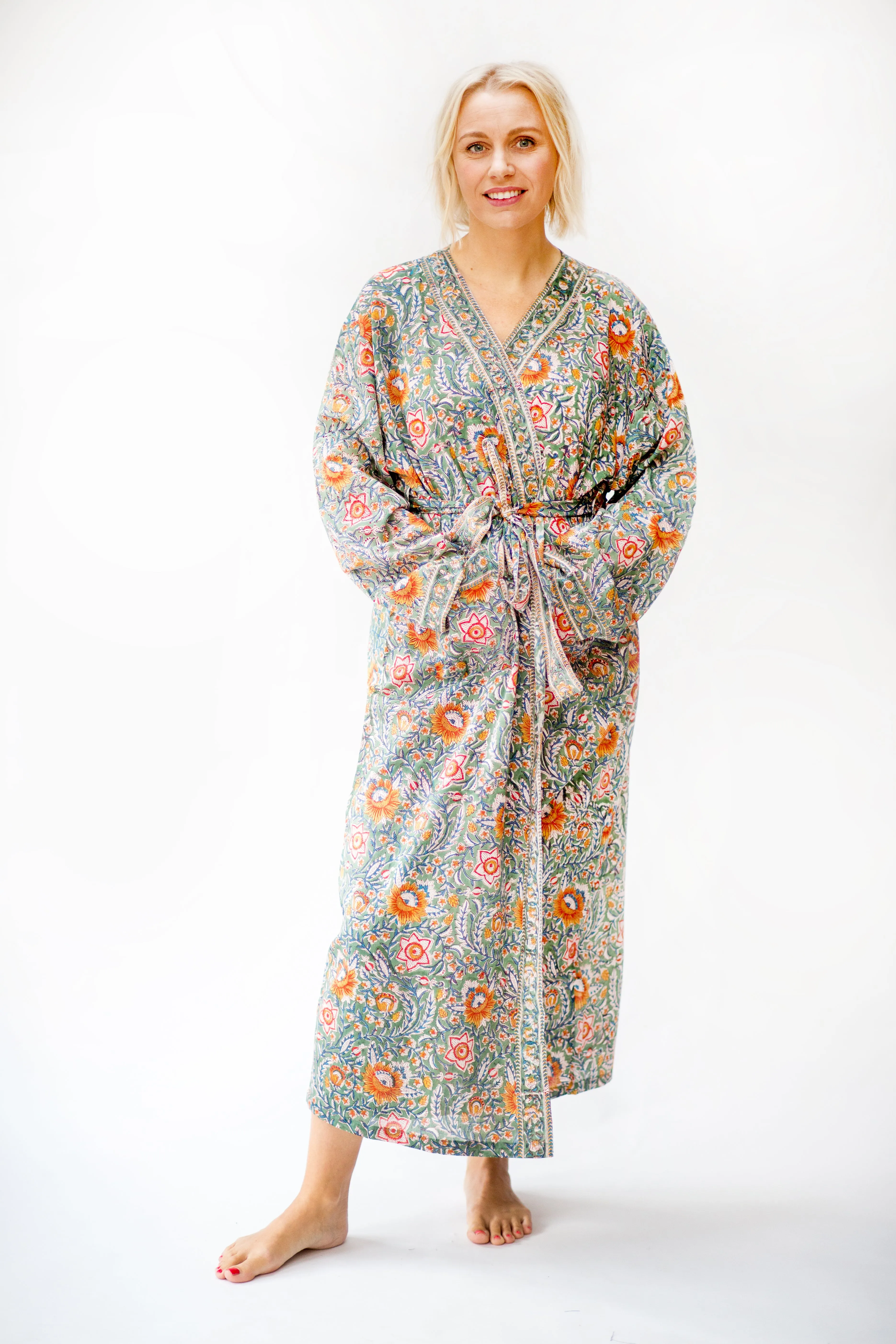 Long Cotton Robe - Green & Ginger Floral Print