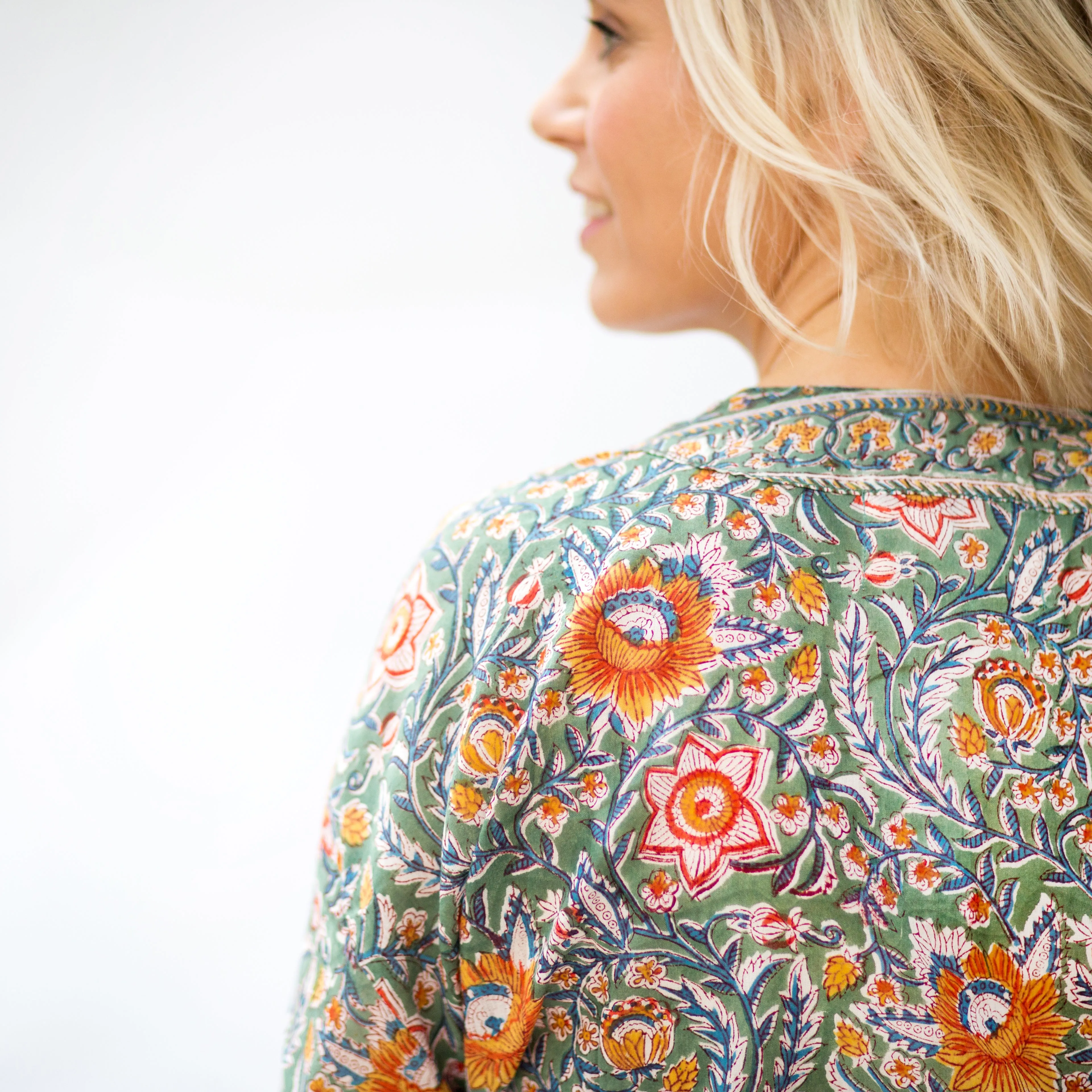 Long Cotton Robe - Green & Ginger Floral Print