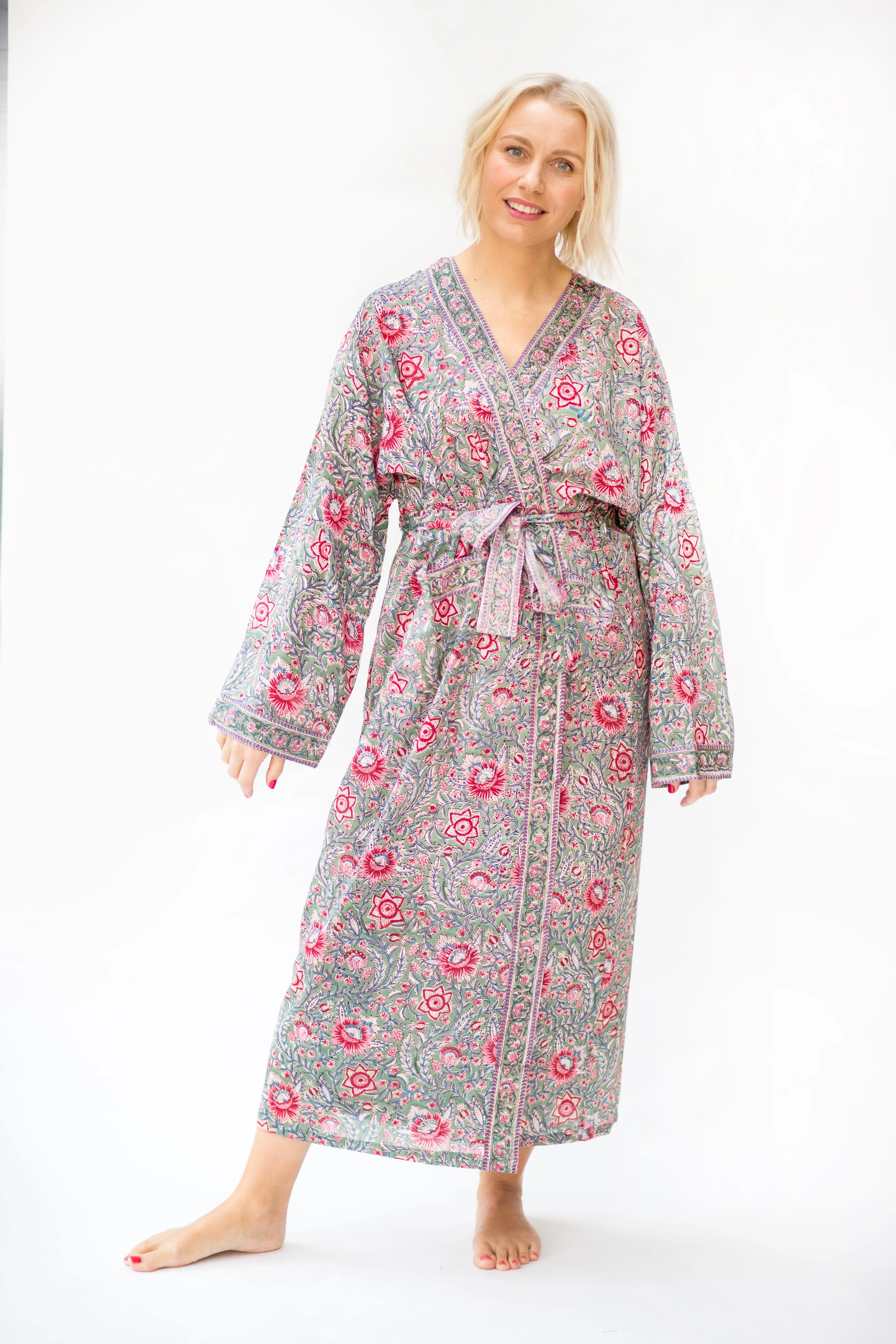Long Cotton Robe - Green & Vibrant Pink Floral Print