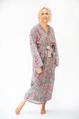 Long Cotton Robe - Green & Vibrant Pink Floral Print