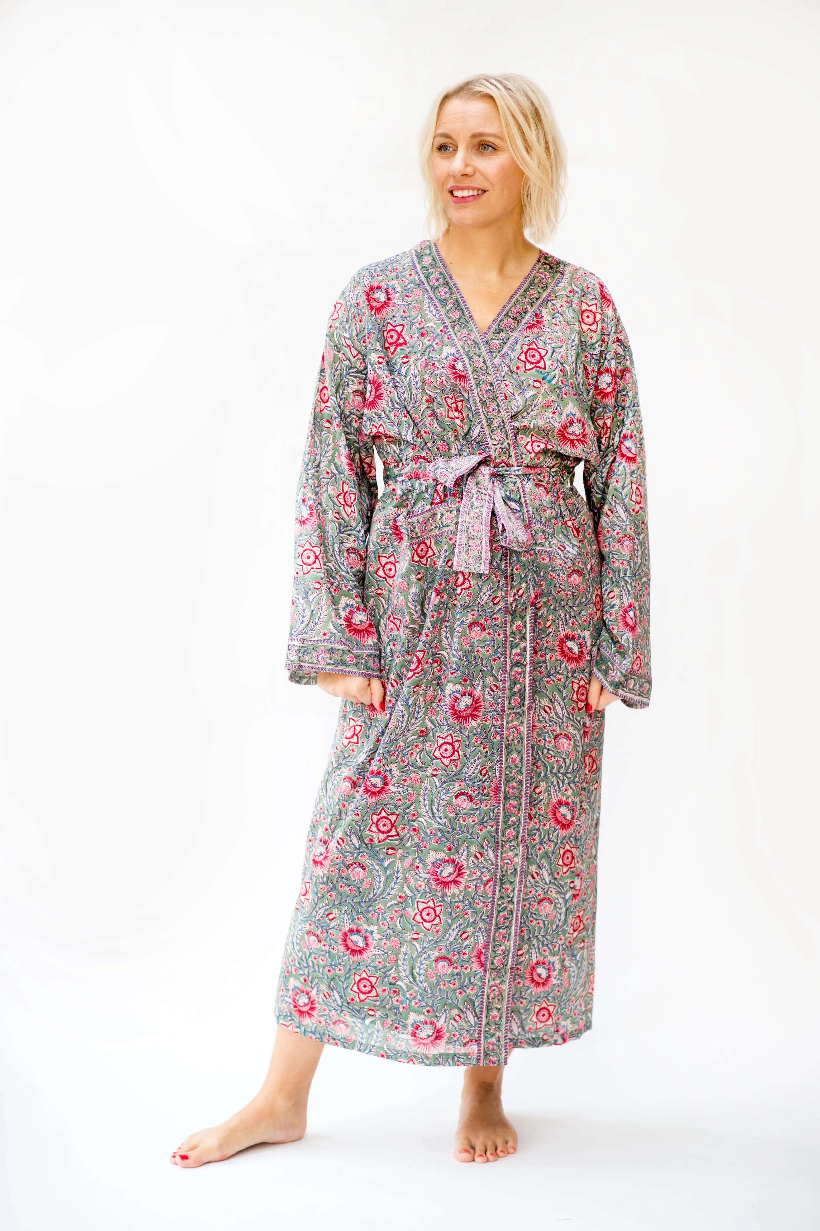 Long Cotton Robe - Green & Vibrant Pink Floral Print