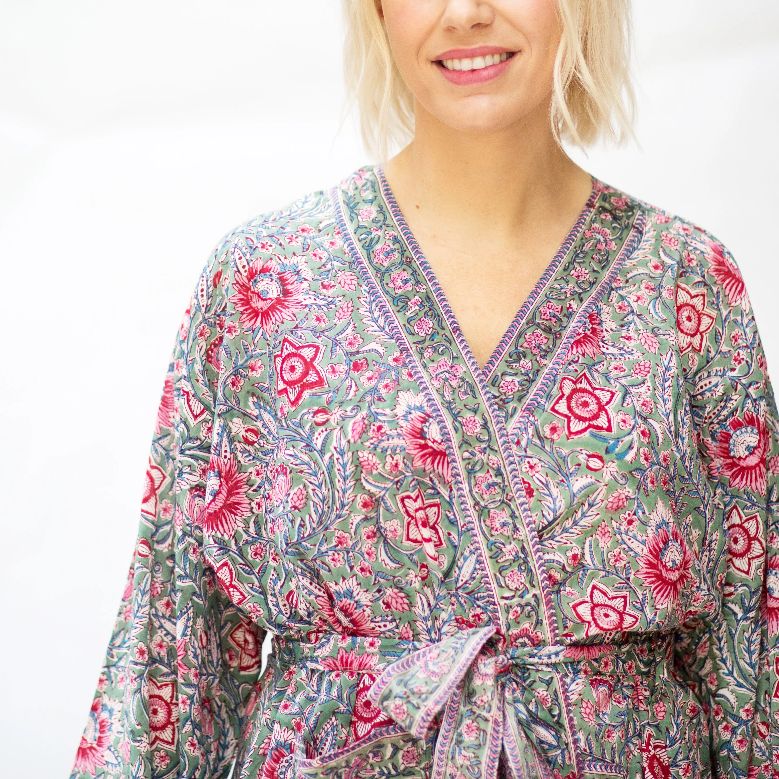 Long Cotton Robe - Green & Vibrant Pink Floral Print