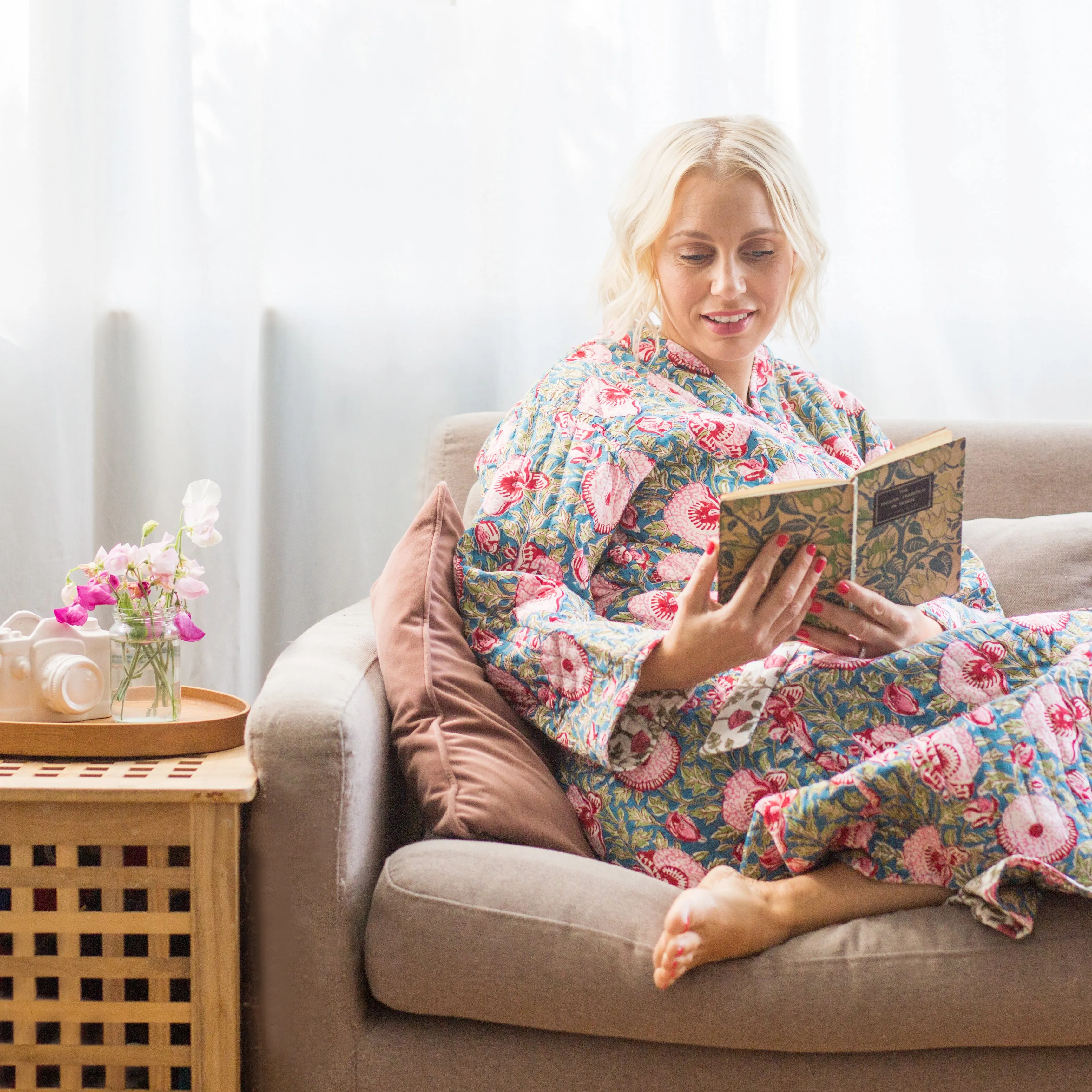 Long Cotton Robe - Green & Vibrant Pink Floral Print