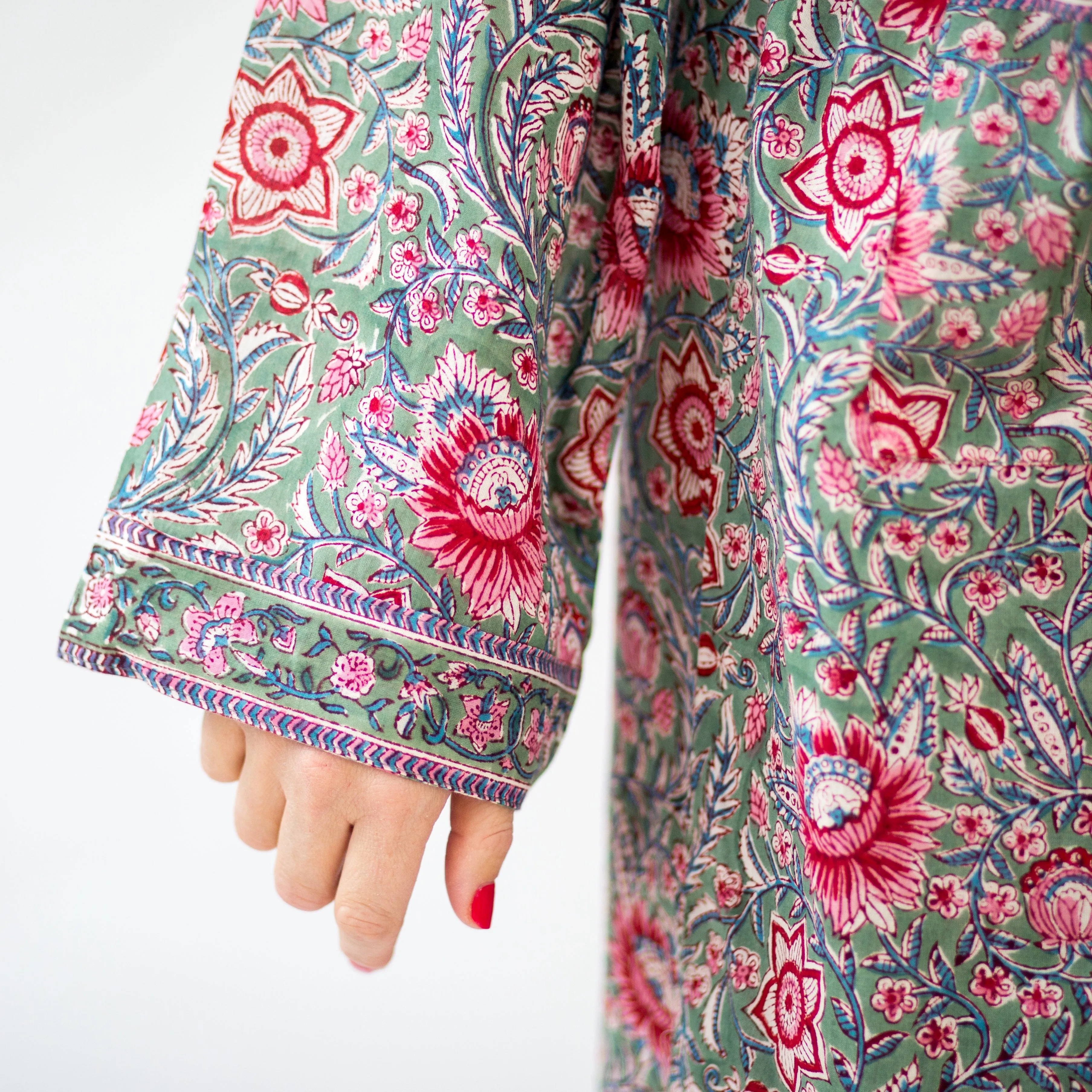 Long Cotton Robe - Green & Vibrant Pink Floral Print
