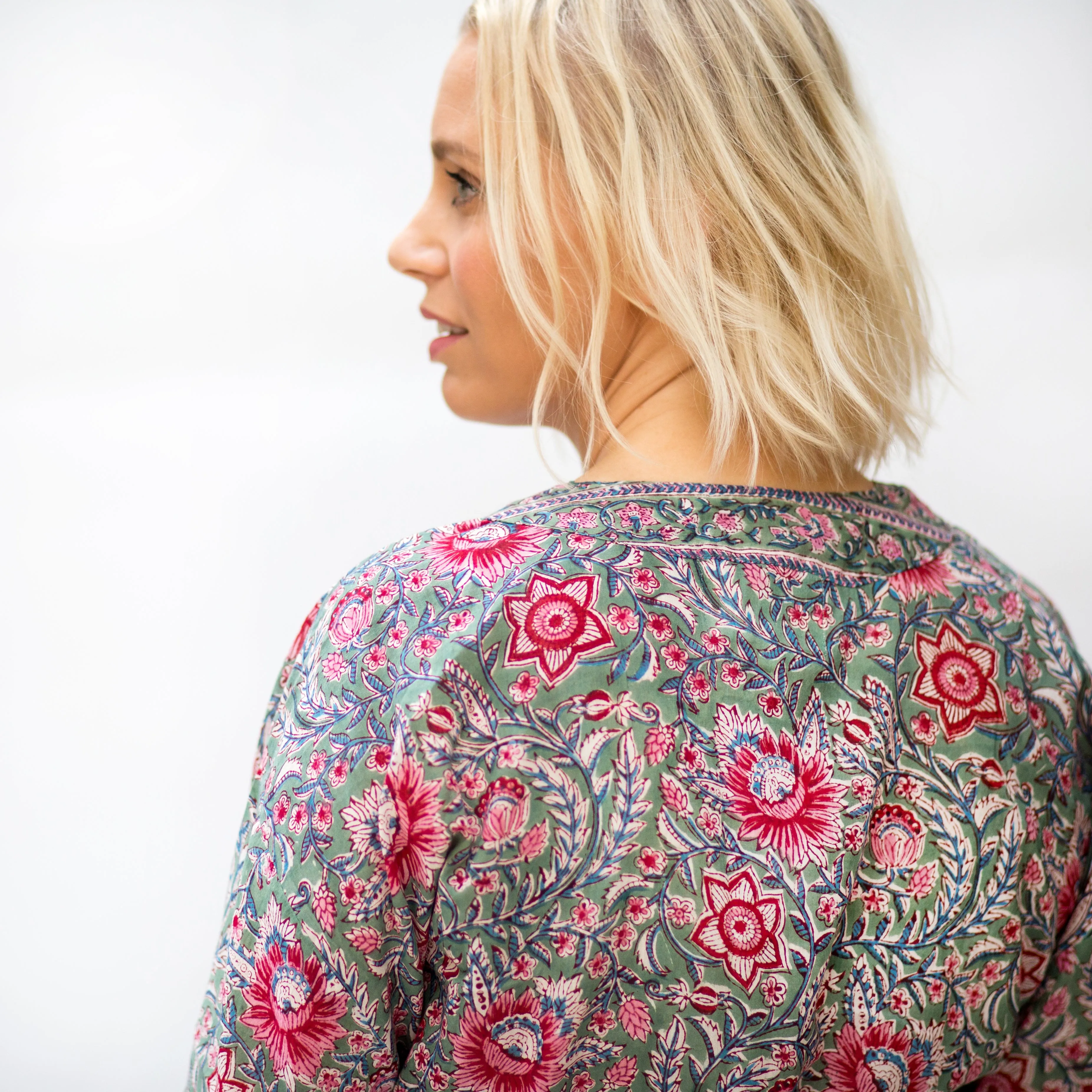 Long Cotton Robe - Green & Vibrant Pink Floral Print