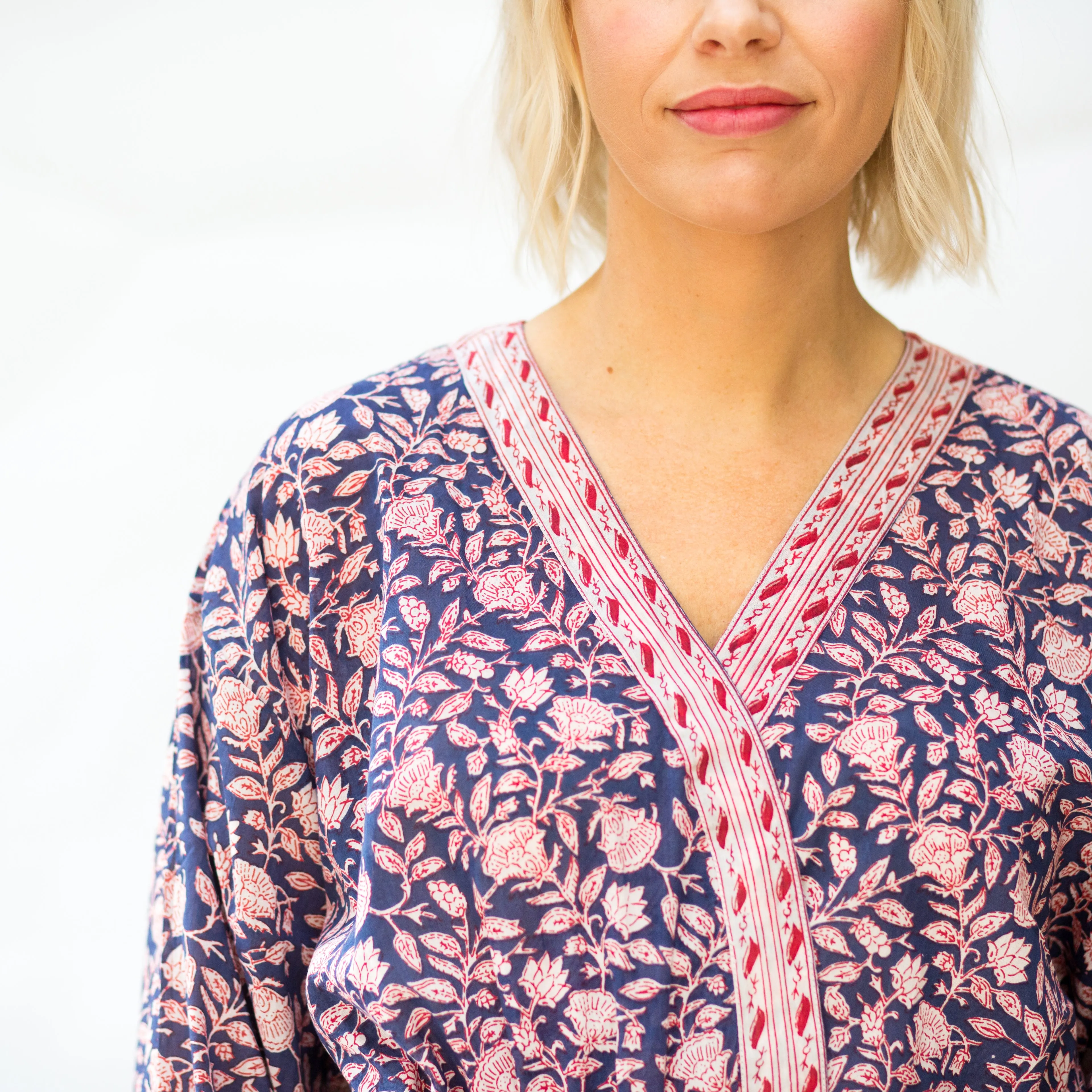Long Cotton Robe - Navy Blue Floral Print