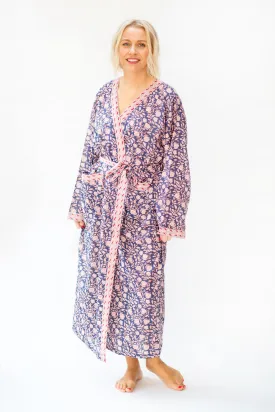 Long Cotton Robe - Navy Blue Floral Print