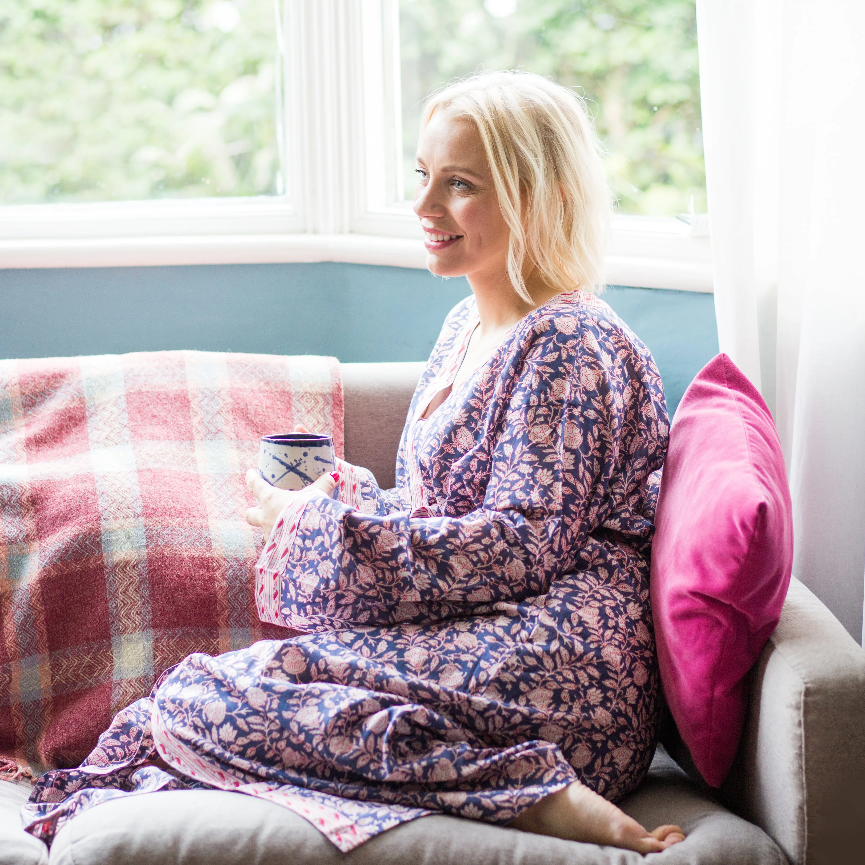 Long Cotton Robe - Navy Blue Floral Print