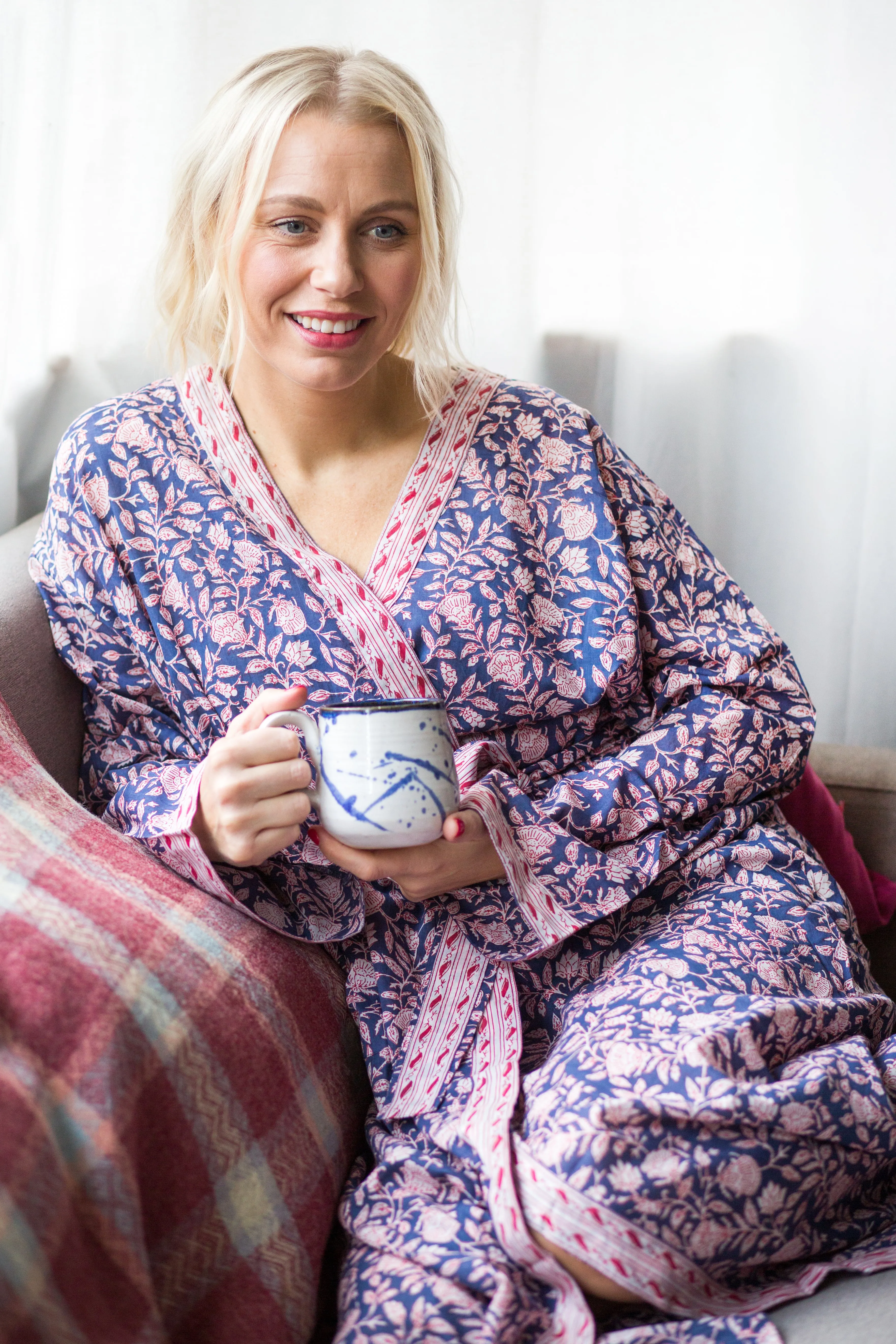 Long Cotton Robe - Navy Blue Floral Print