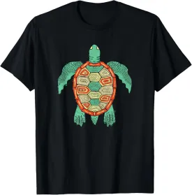 Marine Green Sea Turtle Retro Artistic Abstract Graphic T-Shirt