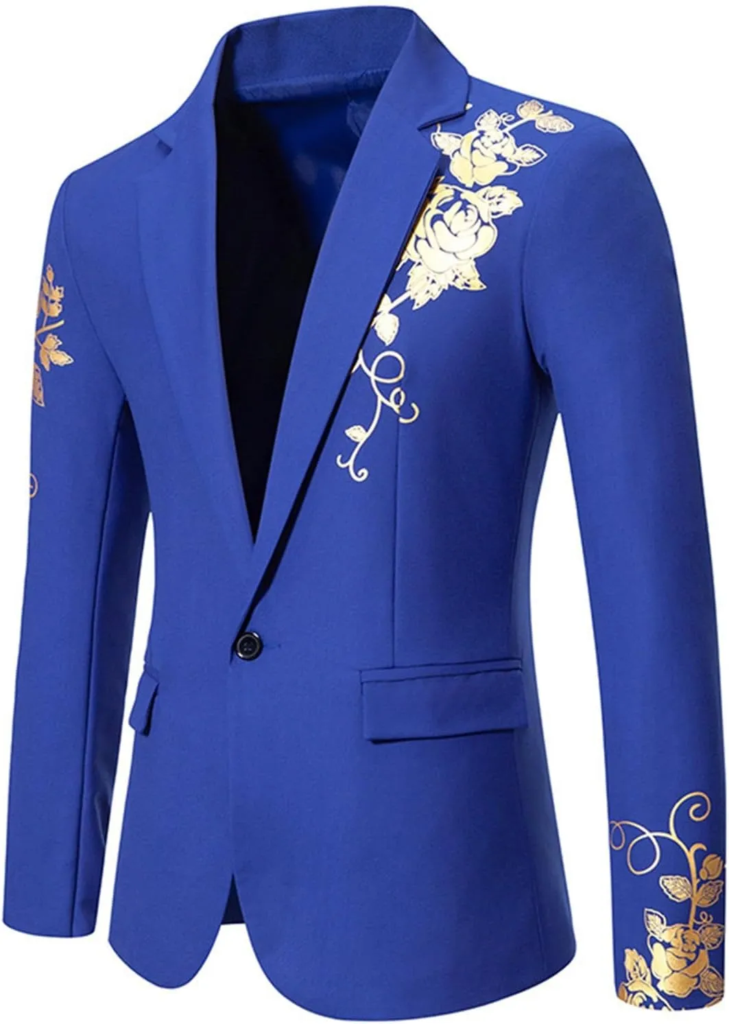 Men's Gold Embroidery Blazer Notched Lapel One Button Tuxedo Dress Suit Jackets Formal Party Prom Dinner Sports Coat