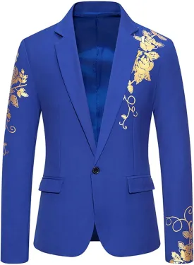 Men's Gold Embroidery Blazer Notched Lapel One Button Tuxedo Dress Suit Jackets Formal Party Prom Dinner Sports Coat